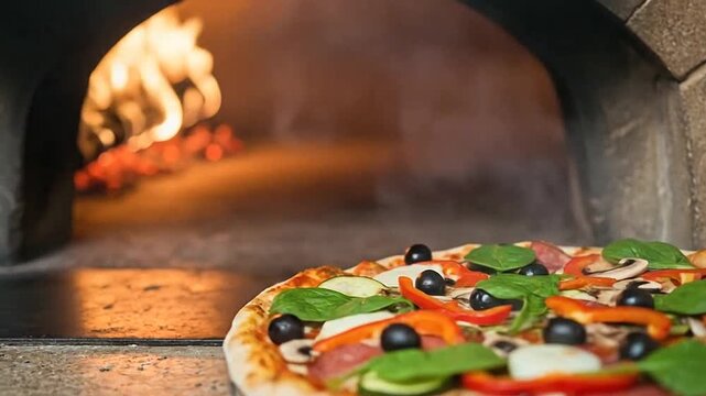 A fresh vegetable pizza baking inside a hot stone oven with glowing flames