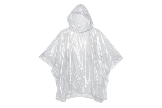 Transparent plastic hooded rain poncho protecting from elements