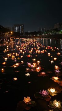 Floating flower lanterns on water during a night festival creating a warm and peaceful cultural celebration scene