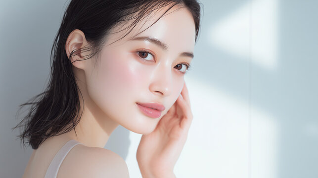 柔らかい自然光とみずみずしい女性の美容ポートレート　バスルームの背景