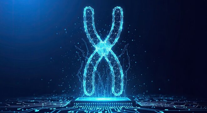 A radiant blue wireframe chromosome structure stands prominently on a glowing electronic circuit board within a dark and sophisticated digital laboratory.
