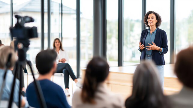 Female speaker leading a business presentation at an event, engaging with audience and delivering professional speech