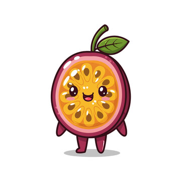 Cute passion fruit chibi character illustration with a smiling face and purple rind on white background