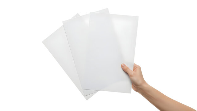 A hand holding multiple blank white sheets of paper against a white background
