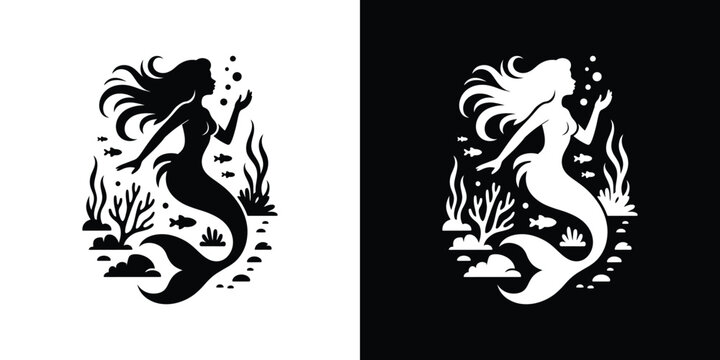 Black and white mermaid silhouettes with seaweed and fish