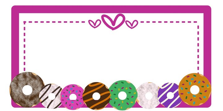 Donut themed frame with colorful glaze sprinkles, dashed line and copy space. Perfect for invitations, posters, menus, and bakery themed designs.