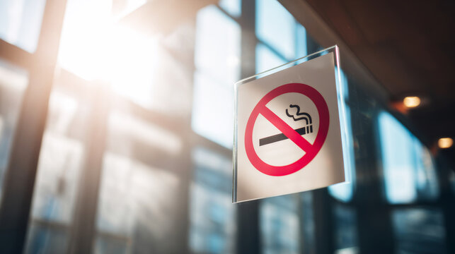 No smoking sign on a transparent surface, communicating a health warning and smoking prohibition in a modern building