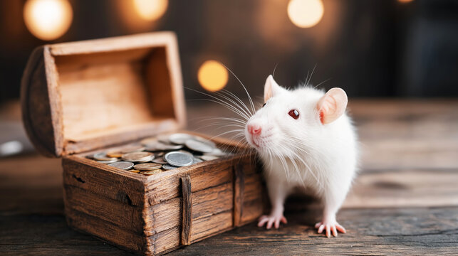 White rat guarding a treasure chest filled with gold coins, symbolizing wealth and good fortune on a dark wooden table