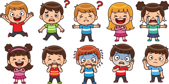 Children's Emotional Expressions Vector Set Featuring Happy, Sad, Angry, Confused, and Crying Faces for Learning and Development