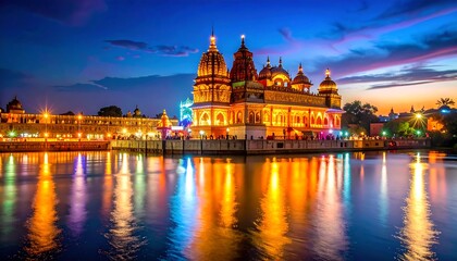 Fototapeta premium Evening view of the beautiful temple with water reflection.