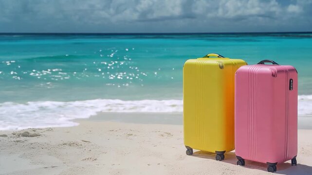 Two suitcases in yellow and pink sits on a beach next to turquoise water on a sunny day