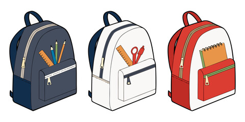 A realistic photo of three school backpacks standing upright side by side on a transparent or white background. One backpack is navy blue, the second is light gray, and the third is bright red. Each b © Same