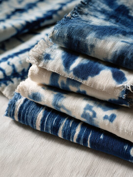 Folded indigo and white adire fabrics in layered flat lay on neutral beige linen surface