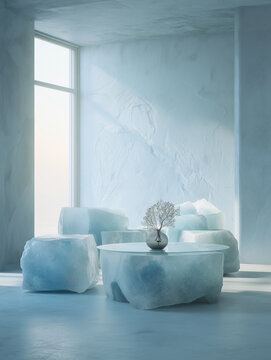 Minimalist interior with ice-like furniture and frosted glass table in pale blue modern room