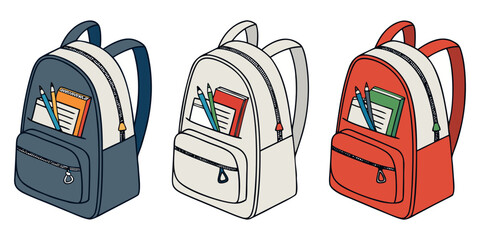 A realistic photo of three school backpacks standing upright side by side on a transparent or white background. One backpack is navy blue, the second is light gray, and the third is bright red. Each b © Same