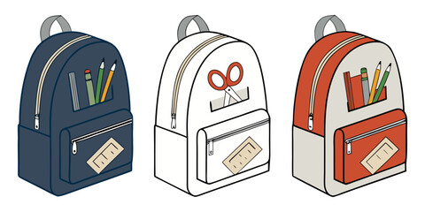 A realistic photo of three school backpacks standing upright side by side on a transparent or white background. One backpack is navy blue, the second is light gray, and the third is bright red. Each b © Same