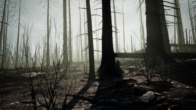 Charred remains of trees dominate the landscape, creating a somber atmosphere. Ashen ground and scattered debris reflect the destruction caused by a recent wildfire.
