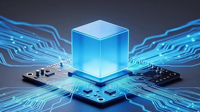 Blue glowing cube on circuit board