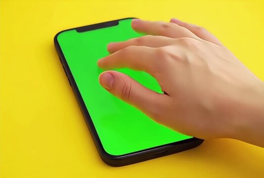A hand interacting with a smartphone featuring a green screen on a yellow background in this video.