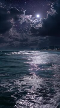 Moonlight reflecting on ocean waves at night creating a calm and cinematic seascape