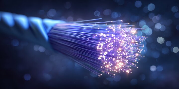 Fiber optic transmit digital signals. Rapid data transfer. Shining optical fibers vibrant neon purple blue boke background. Digital high speed data transmission. Glowing fiber optic cables in motion.