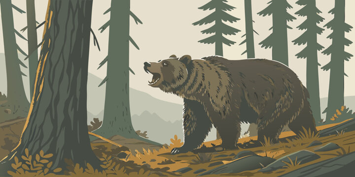 A realistic, high-resolution image of a large grizzly bear standing in a dense pine forest. The bear is alert and slightly roaring, with detailed fur texture, strong muscular build, and expressive eye