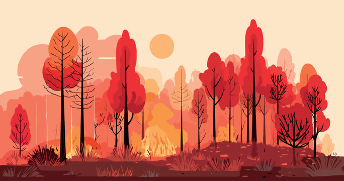 Wildfire in Pine Forest at Sunset Landscape Vector Illustration