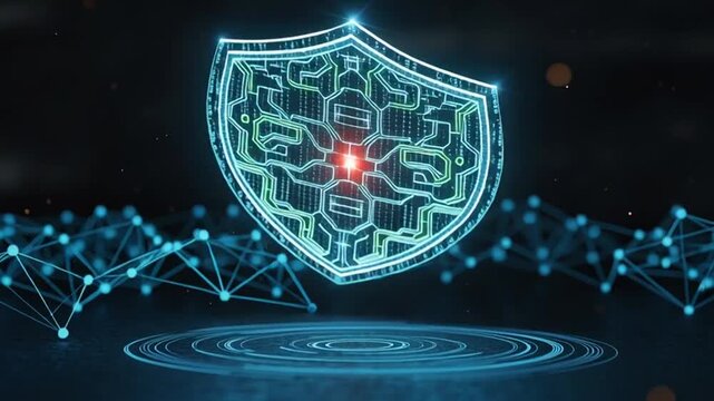 A glowing blue shield protects against a burst of red lightning bolts in a digital environment.