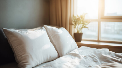 Obraz premium Neatly made bed with soft white pillows in bright hotel bedroom, warm sunlight streaming through window