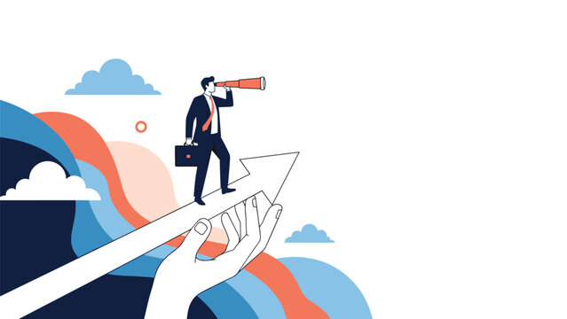 Businessman looking through a telescope while standing on a rising white arrow being supported and lifted by a giant human hand.