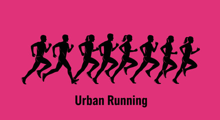 Obraz premium Diverse Group Of Runners Sprinting In Silhouette Against Vibrant Pink Background