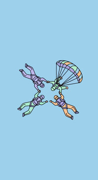 Diverse Group Skydiving Formation Over Clear Blue Sky Adventure