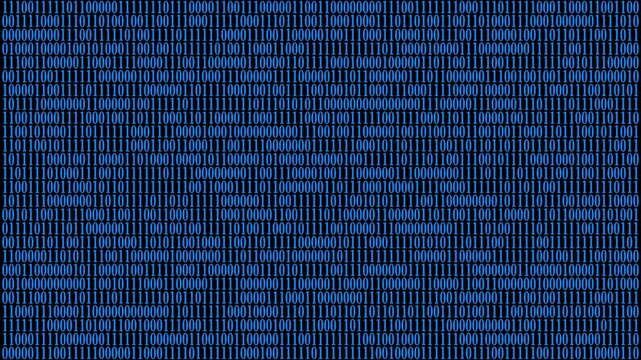 Binary Code on Black Digital Background. Rows of ones and zeros in a binary pattern create a digital data backdrop, symbolizing coding and information processing 4k animation video