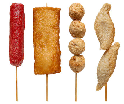A diverse assortment of popular fried Asian street food skewers, isolated on transparent background.