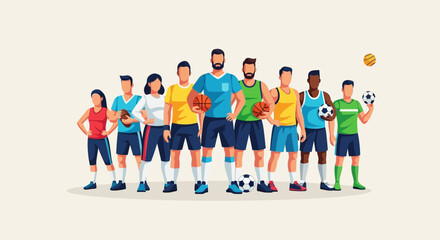 Fototapeta premium Diverse Athletic Team Posing With Various Sports Equipment
