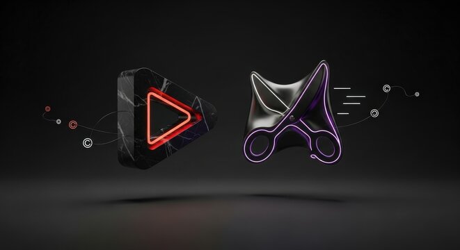 Conceptual Media Icons Floating on Vantablack: Black Marble Play Button and Titanium Scissors with Neon Red and Purple Glow - Post-Production, Creativity, and Content Creation Still Life