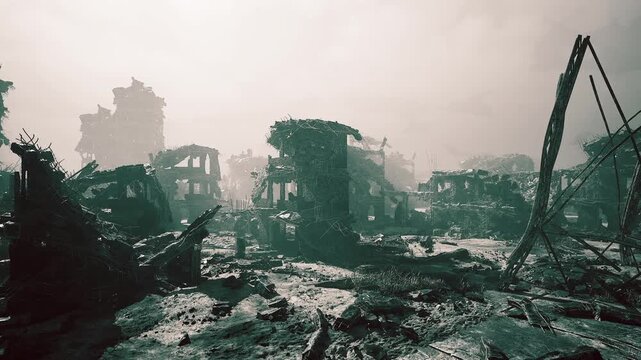 Ruins of a city are visible with crumbled buildings and debris scattered everywhere. The atmosphere is heavy and foggy, evoking a sense of loss and desolation after a disaster.