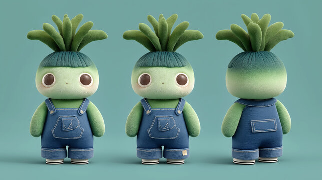 3D Render Cute Plant Mascot Character Reference Sheet in Denim Overalls with Front and Back Views