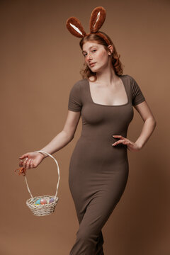 Easter Bunny Girl in Brown Dress, Semi-Profile