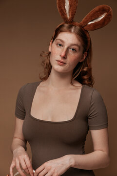 Easter Bunny Girl in Brown Dress, Neutral Pose