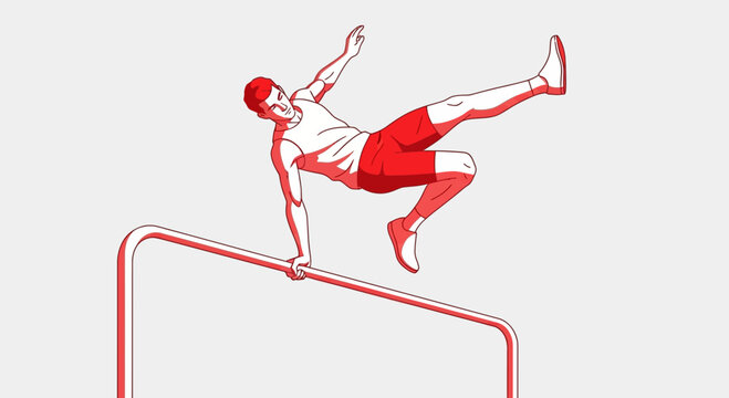 Dynamic Athlete Performing Gymnastics Move on Parallel Bars in Red Outline