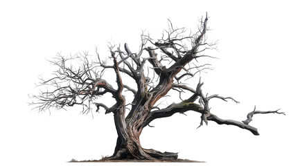 Fototapeta premium Gnarled ancient tree with white leaves on transparent background isolated on a transparent background