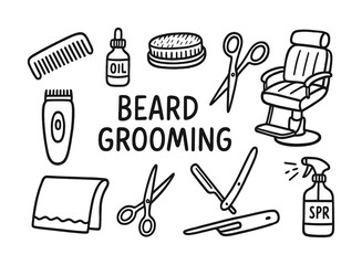 Fototapeta premium Vector Hand-drawn beard grooming tools including scissors, trimmer, comb, brush, oil, and barber chair