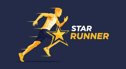 Fototapeta premium Dynamic Athlete Sprinting Forward With A Golden Star Emblem