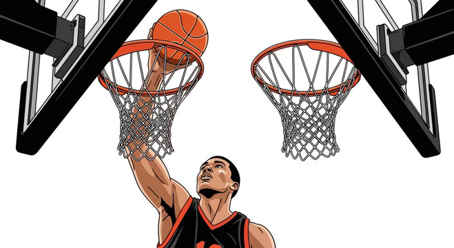 Dynamic Basketball Player Executes A Powerful Slam Dunk Mid-Game