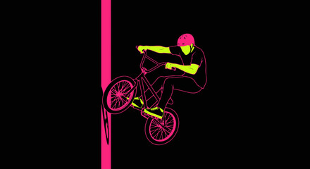 Fototapeta premium Dynamic Bicycle Acrobatics With Bold Neon Colors On Black Background