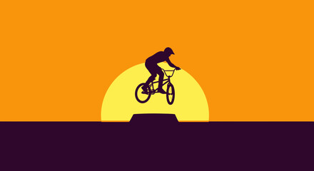 Naklejka premium Dynamic Bicycle Rider Silhouette Against Vibrant Sunset