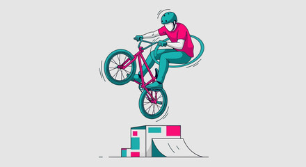 Naklejka premium Dynamic Bicycle Stunt Performer Executes Mid-Air Maneuver Over Ramp