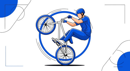 Naklejka premium Dynamic Biker Performs Thrilling Wheelie Trick In Stylized Blue Illustration