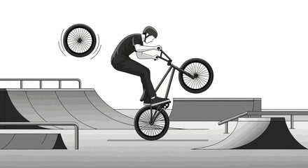 Naklejka premium Dynamic BMX Rider Executes Advanced Stunt in Skatepark Arena
